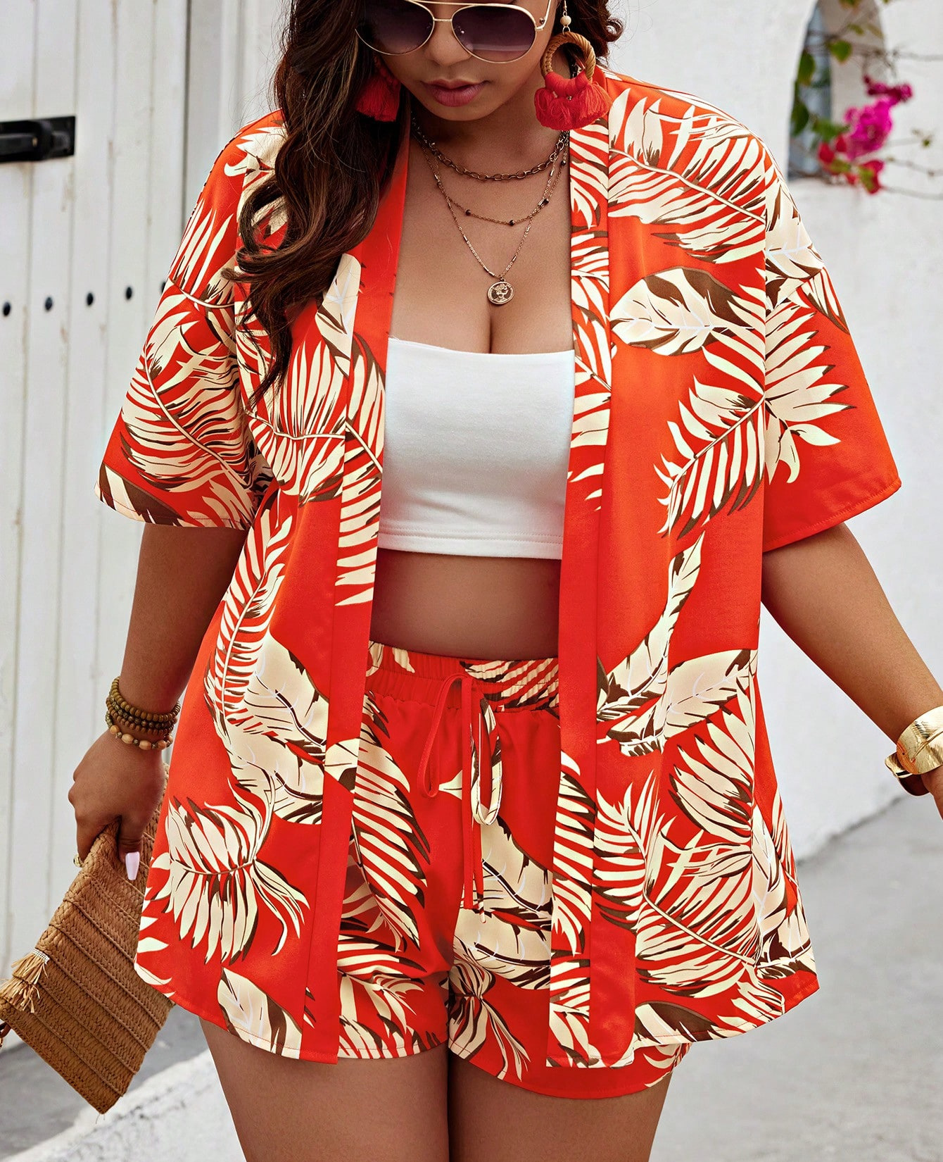 Women's Fashion Printed Casual Vacation Style Cardigan Shorts Suit