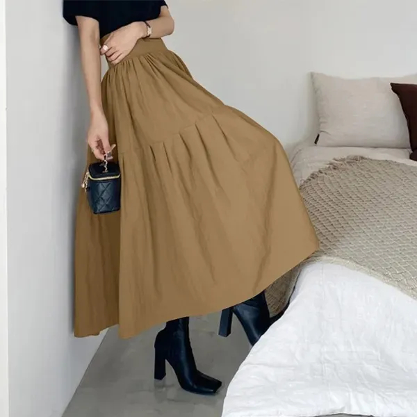 Women's Elastic Waist Fashion Pleated Loose Dress Khaki - Shop at LoveMi