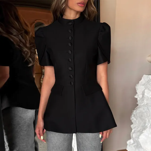 Stand Collar Single breasted High waist Blouse Black - Shop at LoveMi