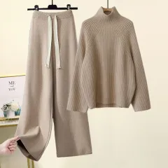 Thickened Coarse Yarn Knitwear Wide Leg Pants Two-piece Set - Khaki Blouse Apricot Pants - View 1