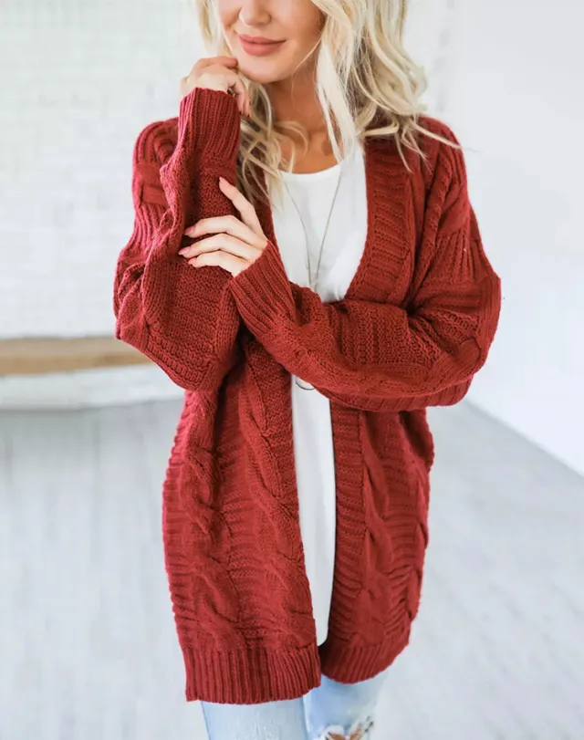 Women's Twist Cardigan Solid Color Mid length Coarse Yarn Sweater Red - Shop at LoveMi