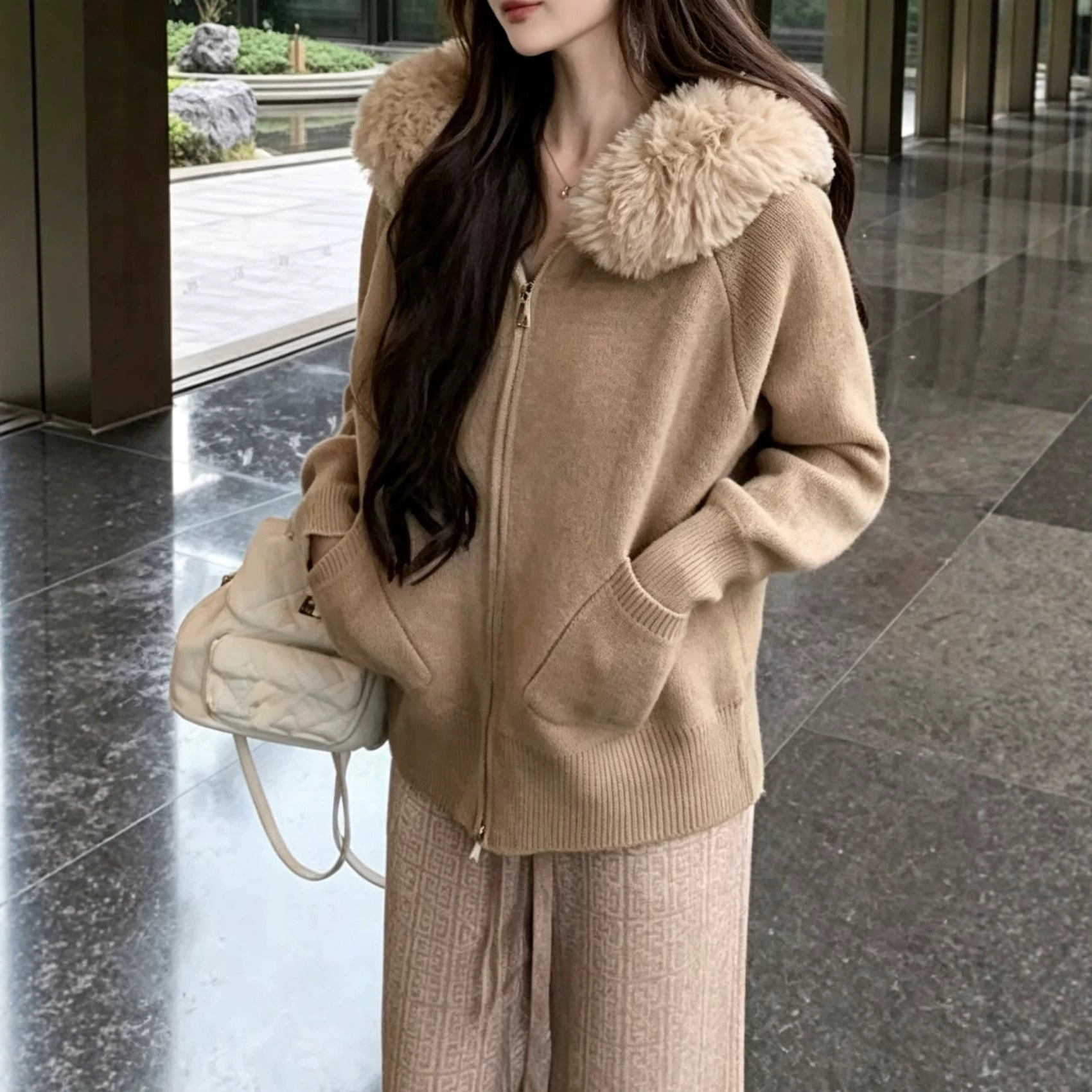 Autumn Winter Oversized Fur-collar Hooded Zip-up Knit Cardigan