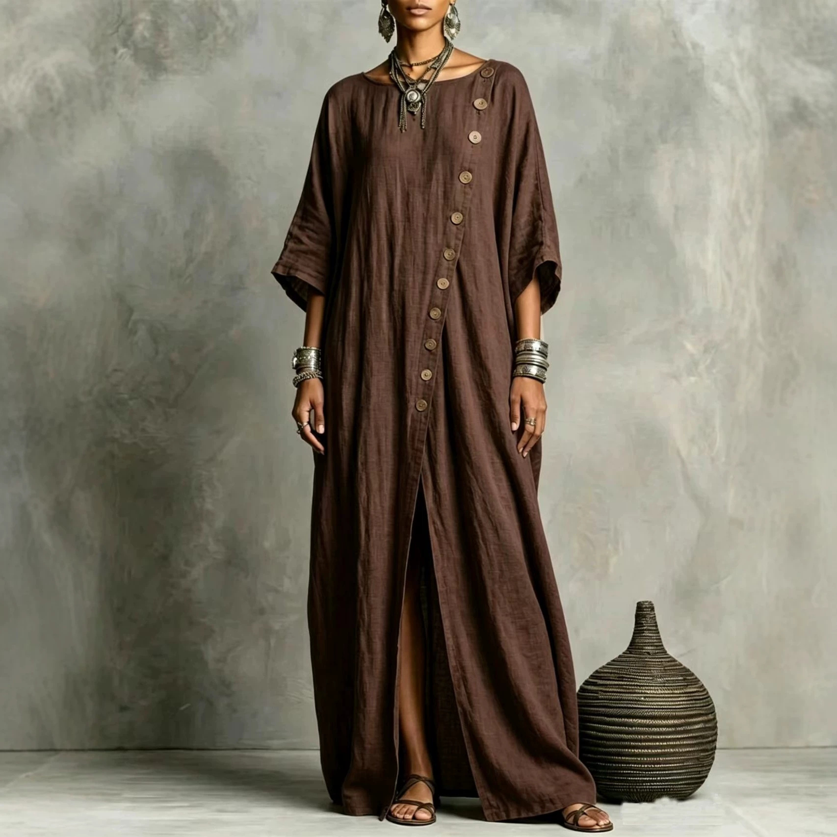 Round-neck Casual Asymmetrical Long Dress