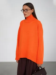 European And American Style Autumn And Winter Solid Color Turtleneck Sweater Loose - Orange - View 1