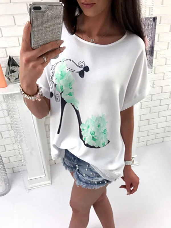 European And American Ladies High Heels Printed Loose Short Sleeve T shirt Green - Shop at LoveMi