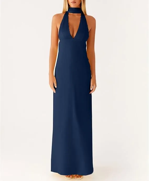 Womens Floral Halterneck Deep V-Neck Backless Bodycon Maxi Dress - Navy