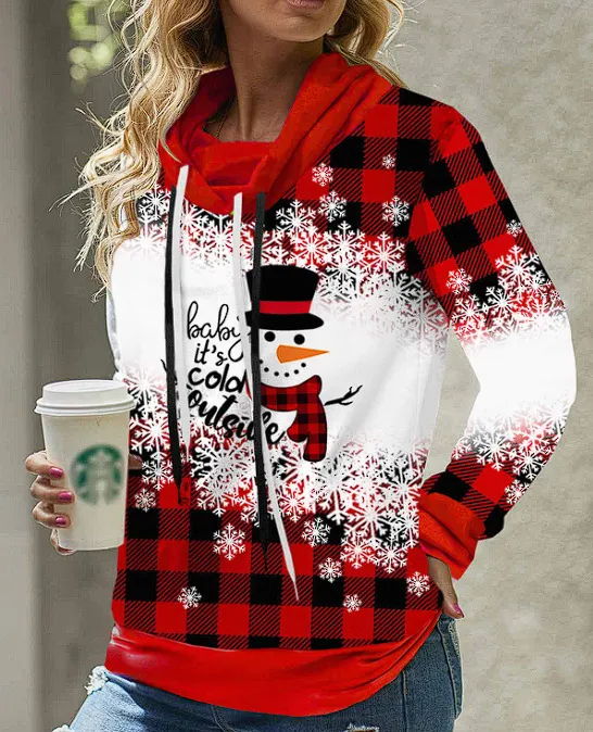 New Women's Pile Collar Hooded Printed Top Snowman Red Plaid - Shop at LoveMi