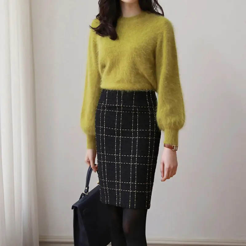 High Waist Plaid Sheath A- Line Slimming Woolen Midi Skirt