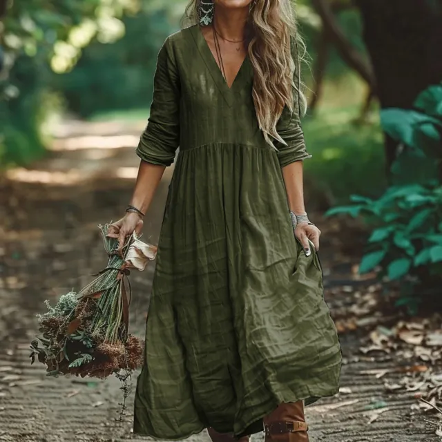 Bohemian Holiday Cotton And Linen Style Dress Army Green - Shop at LoveMi