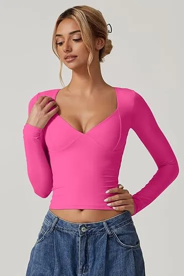 Women's Long Sleeve V neck Midriff baring Top T shirt Rose Red - Shop at LoveMi