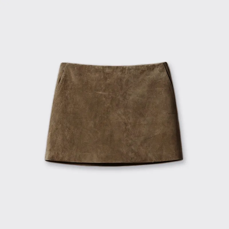 Distressed Sheepskin Suede Simple Sheath Skirt - Milk Tea