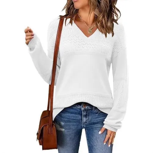 V neck Hollow out Pullover Knitted Rib Sweater Solid Color White - Shop at LoveMi