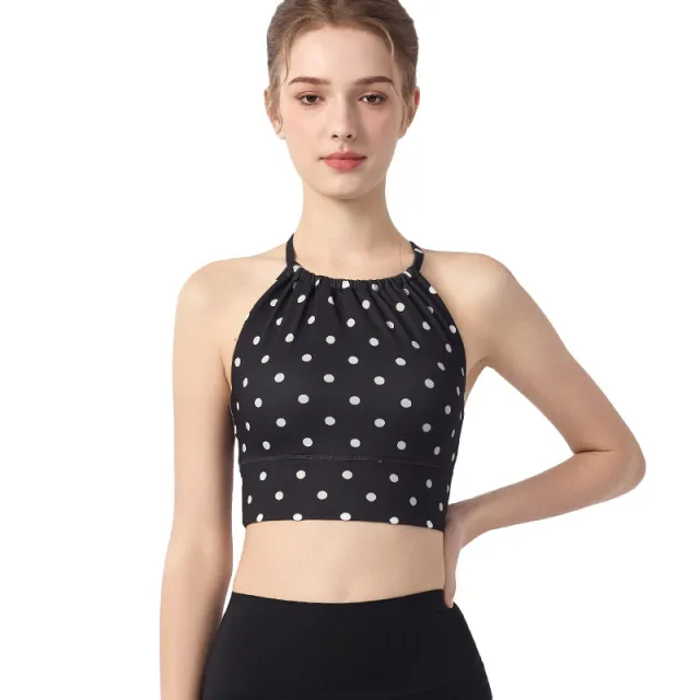 Womens Polka Dot Plaid Printed Halterneck Tank Top With Cross Over Design Black - Shop at LoveMi