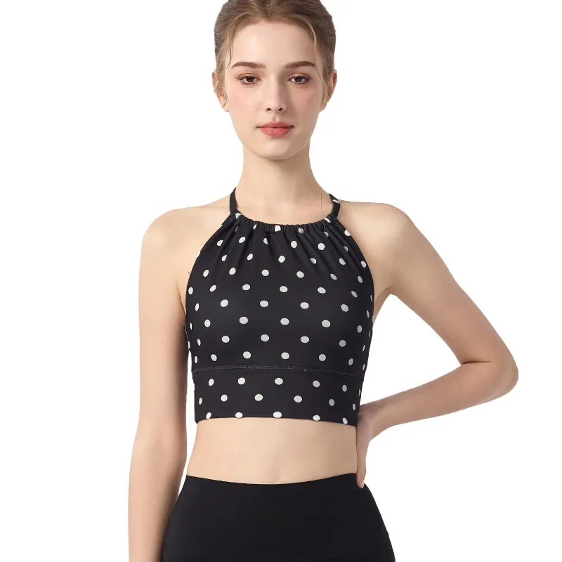 Womens Polka-Dot Plaid Printed Halterneck Tank Top With Cross-Over Design - Black