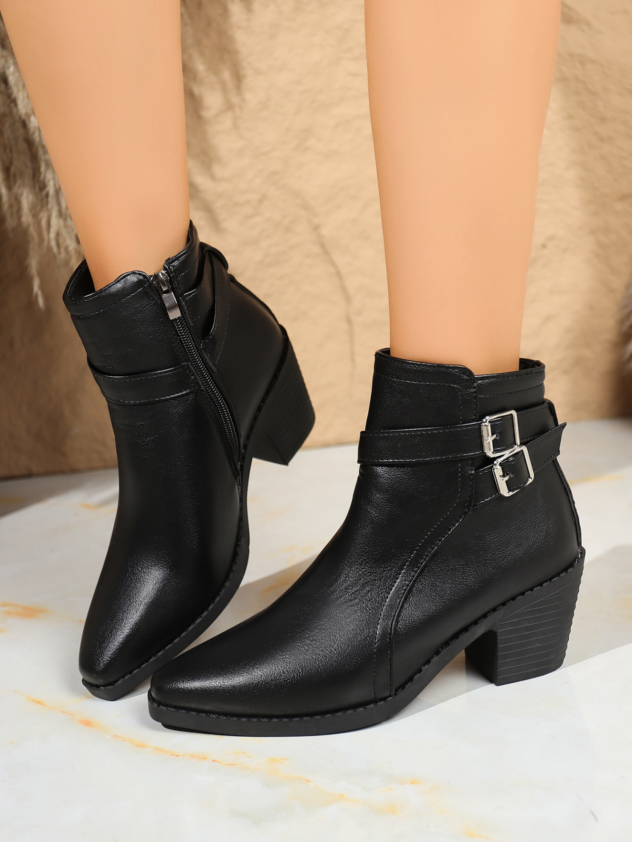Sarah Express Buckle Ankle Boots Chunky Heel Black