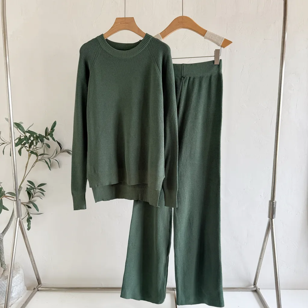Women's Loose Knitted Long-Sleeve Crew-Neck Fashionable Wide-Leg Pants Two-Piece Set - Green