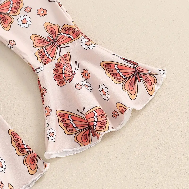 Girls' Butterfly Pattern Short-sleeved Top Bell-bottom Pants Headwear Suit