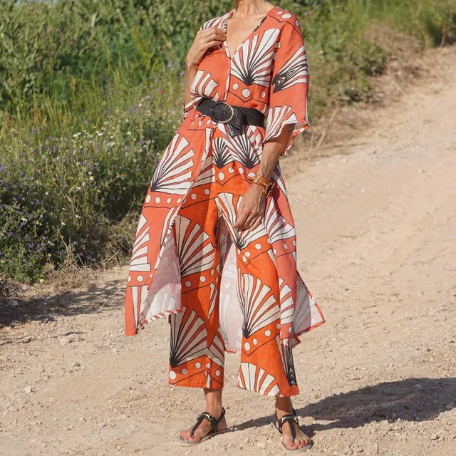Fashionable Print Shirt Straight leg Pants Two piece Suit Orange - Shop at LoveMi