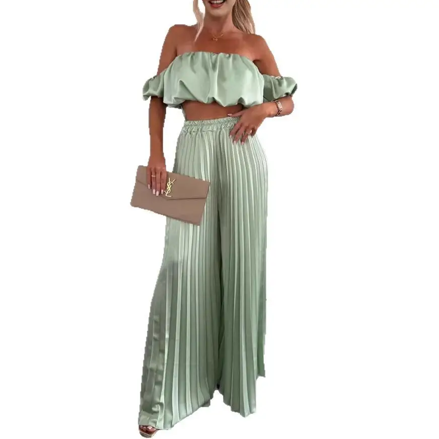 Women's Fashion Satin Tube Top Wide Leg Pants Suit