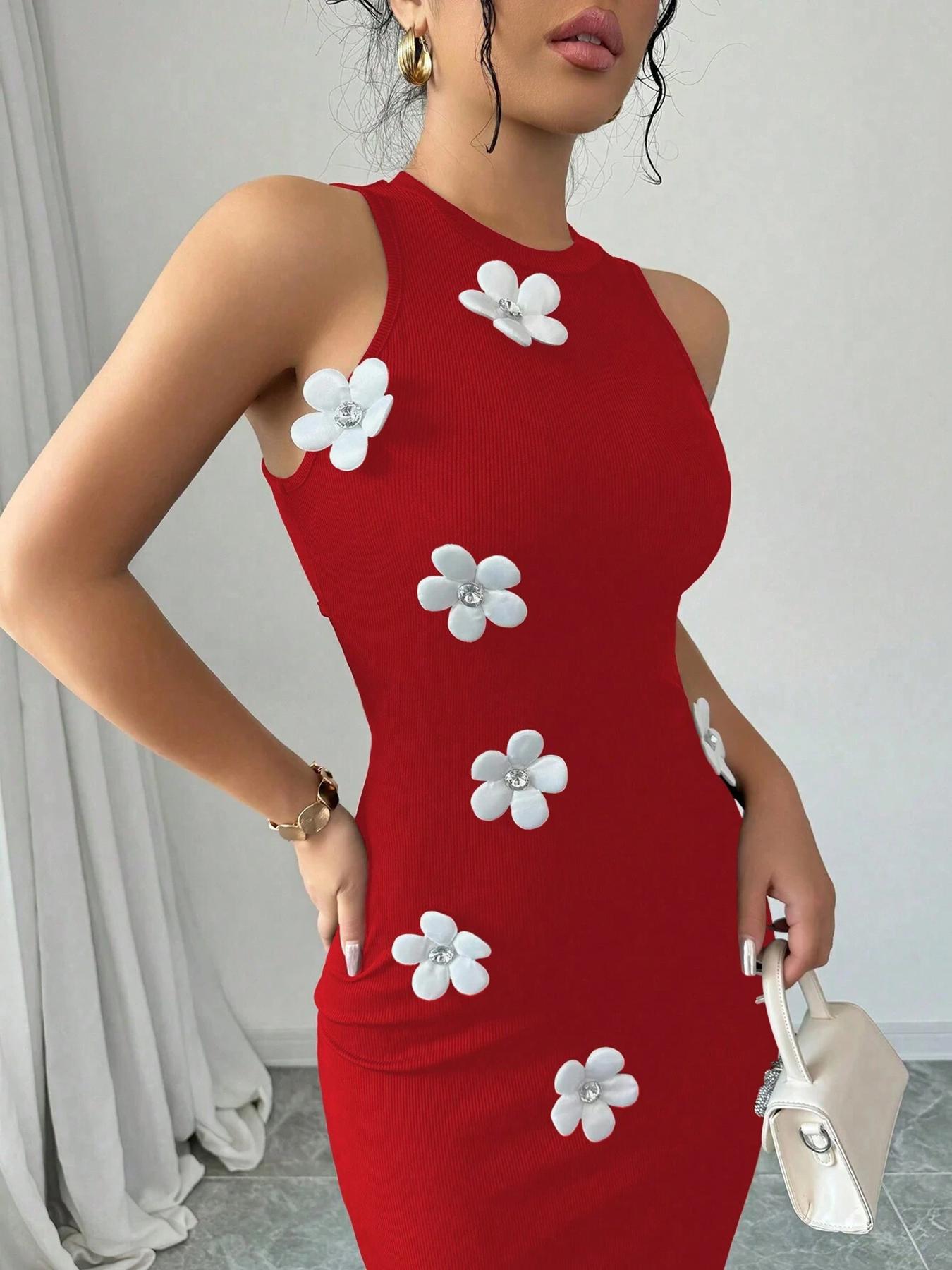 Women's Slim fit Sleeveless Fashionable Floral Round neck Dress Red - Shop at LoveMi