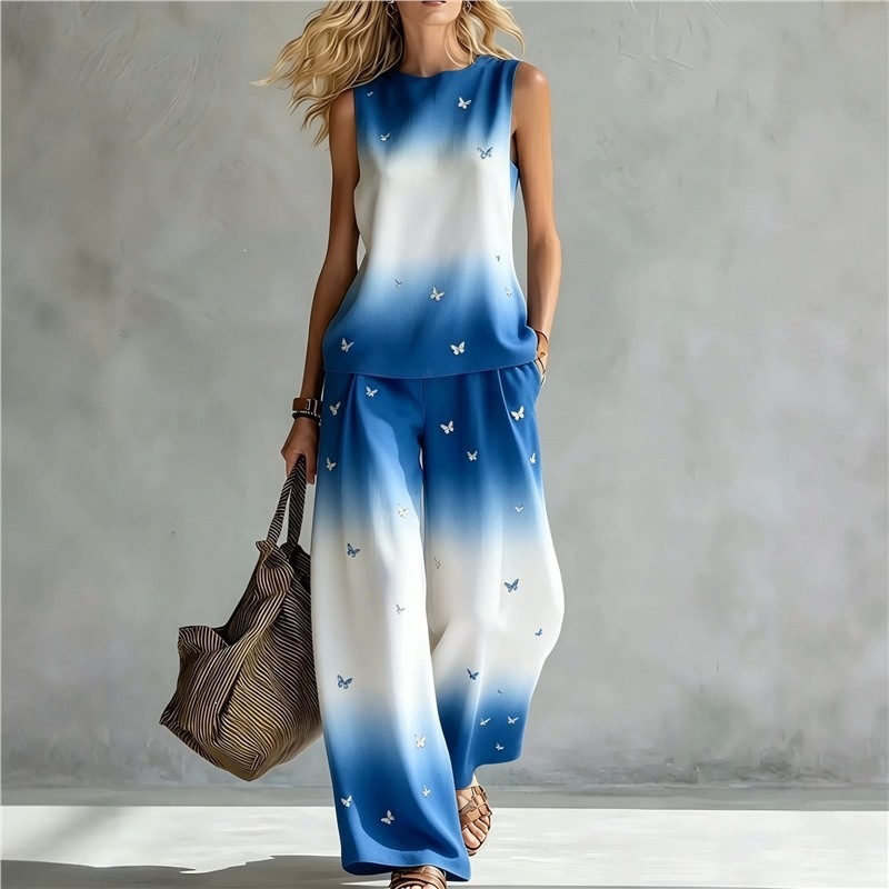 New-style Rainbow Tie-dye Sleeveless Crew-neck Top And Wide-leg Pants Womens Casual Two-piece Set 9