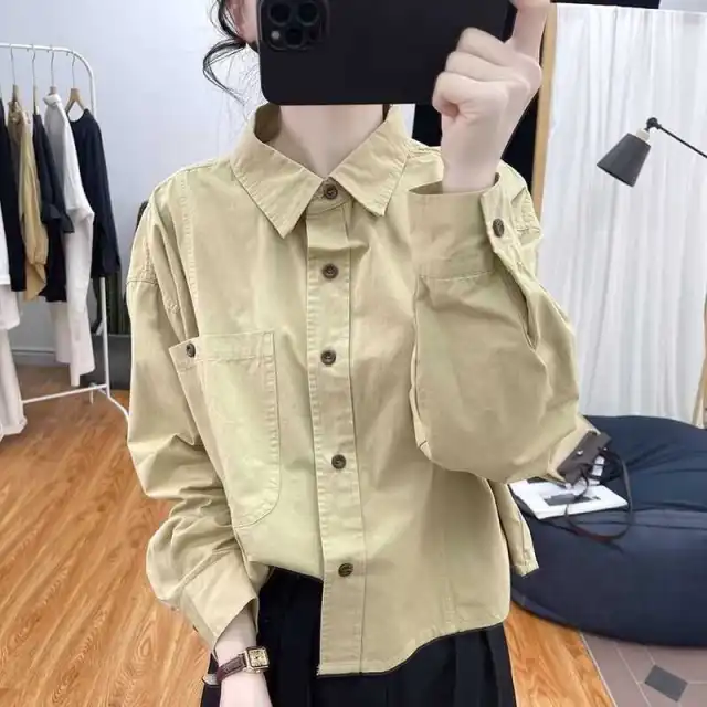 Retro Long sleeved Women's Versatile Top Khaki - Shop at LoveMi