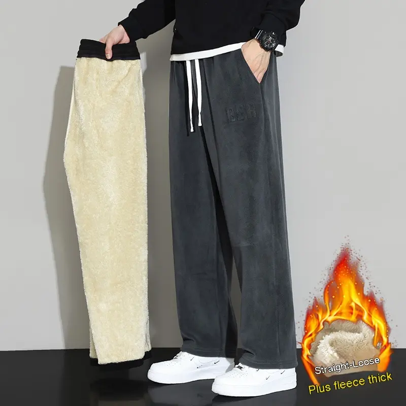 Winter Men's Casual Cashmere Pants Straight Wide-leg