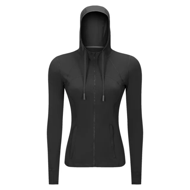Women's Sports Hooded Jacket Slim fit Zipper Elastic Running Yoga Clothes Black - Shop at LoveMi