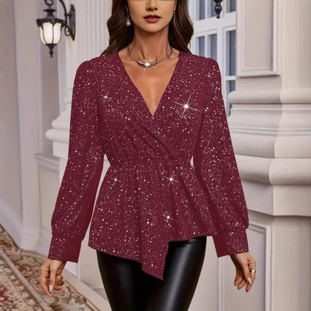 Women's Tops V neck Long Sleeve Fashion Wine - Shop at LoveMi