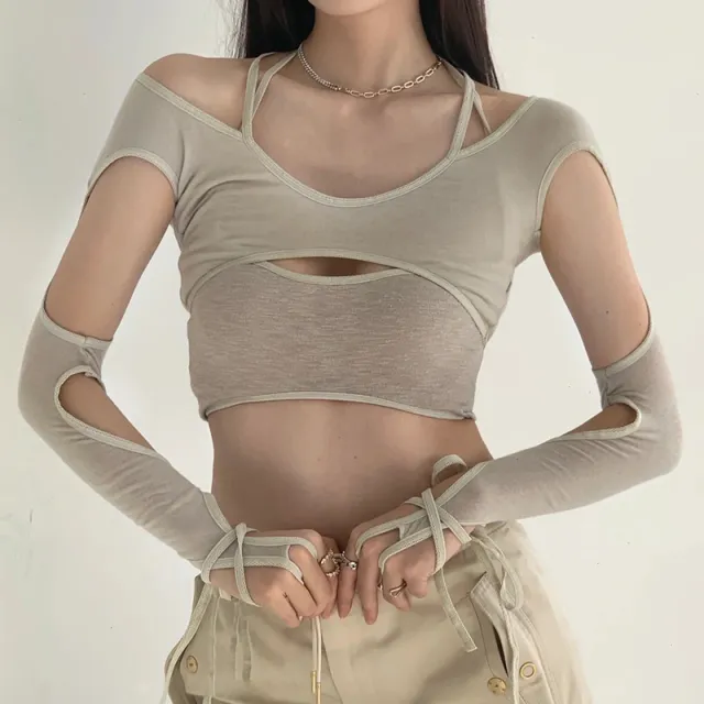 Hollow out Faux Two piece High waisted Cropped Top Gray - Shop at LoveMi