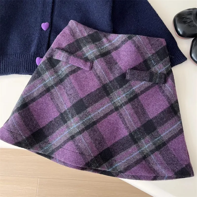 Autumn New Fashion Button Sweater Tartan Skirt Two-piece Suit - Culottes
