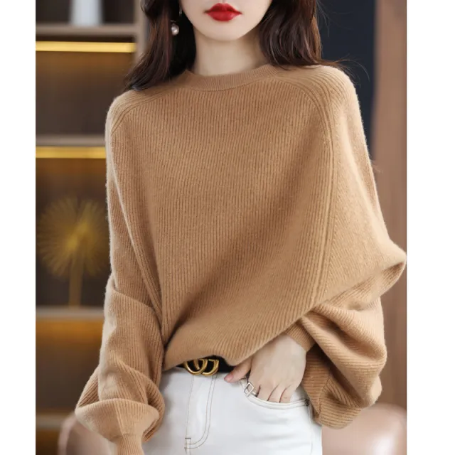 Solid Color Wool Sweater Women's All match Round Neck Raglan Shawl Pullover Khaki - Shop at LoveMi