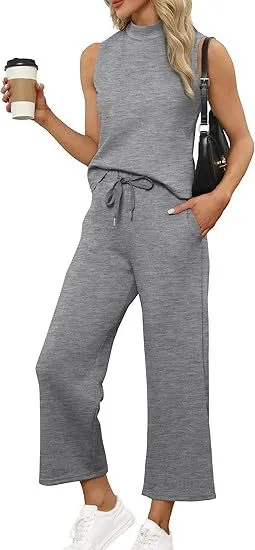Sleeveless Top Wide Leg Cropped Pants Gray - Shop at LoveMi
