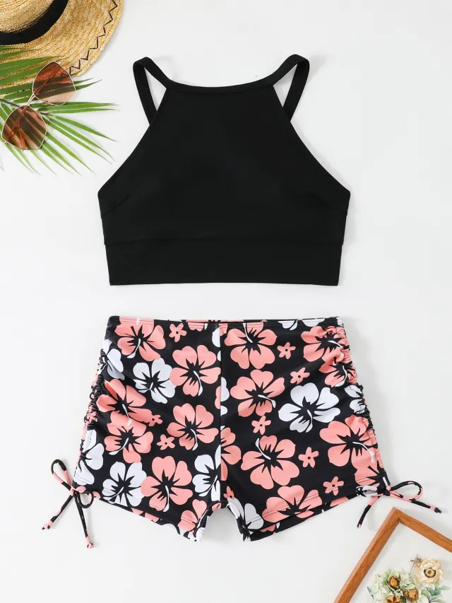 Vest High Waist Drawstring Conservative Split Boxers Bikini Swimsuit Black - Shop at LoveMi