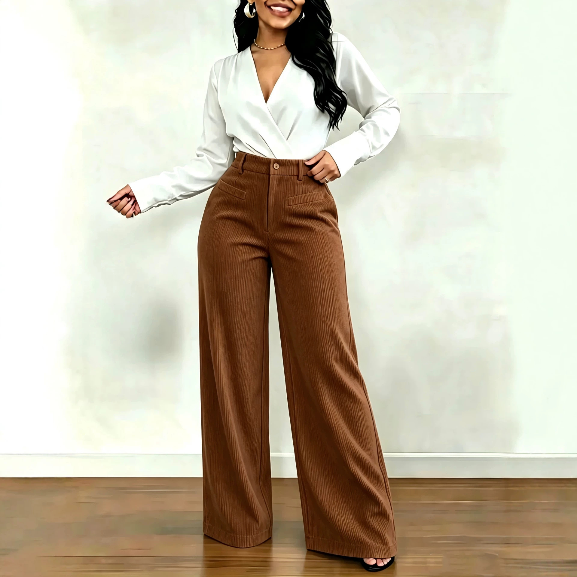 Pantalon femme uni chic décontracté, coupe ample à jambes larges fuselées, effet amincissant, tombé fluide