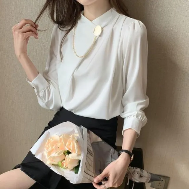 Professional Style Draping Satin Chiffon Top White - Shop at LoveMi