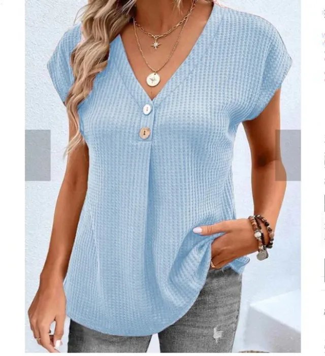 Women's Clothing European And American Top Solid Color Buttons Fashion Short Sleeve Blue - Shop at LoveMi