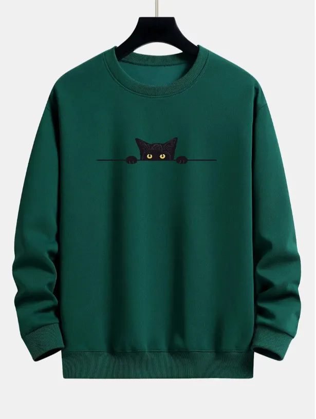 Creative Cat Print Cute Cat Round Neck Sweater Dark Green Imitation Cotton - Shop at LoveMi