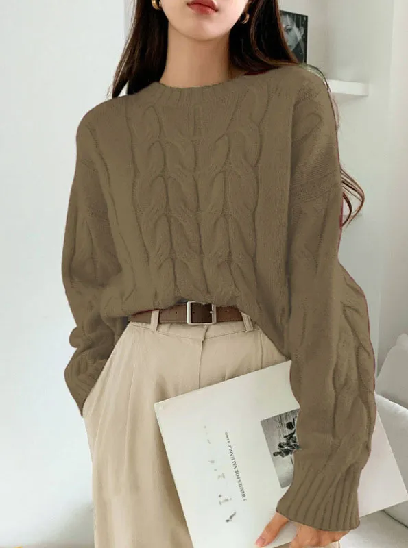 Round Neck Pure Color All matching Trendy Sweater Top Camel - Shop at LoveMi