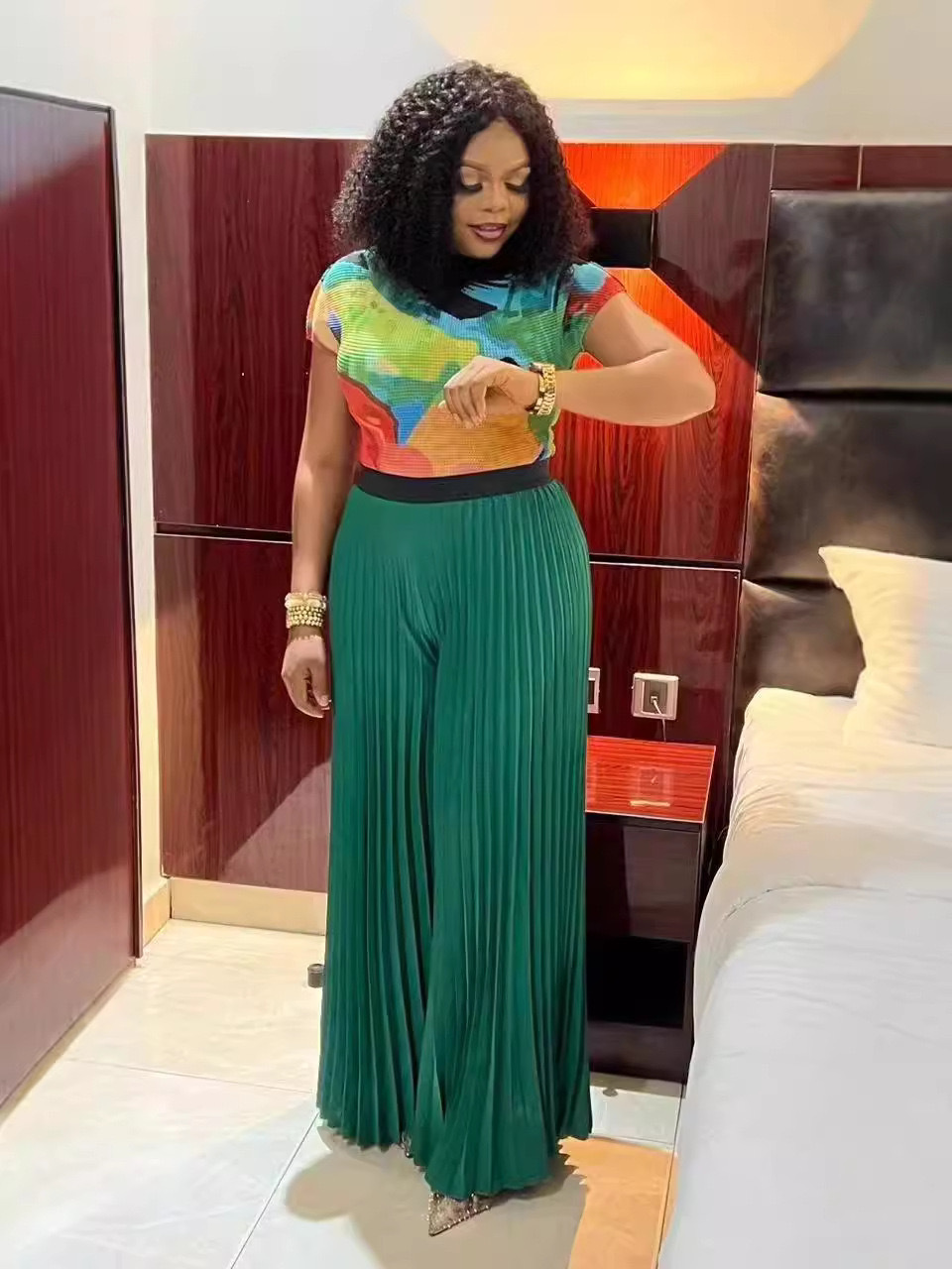 Fashion Plus Size Women Suit Pleated Print Short-sleeved Wide-leg Pants