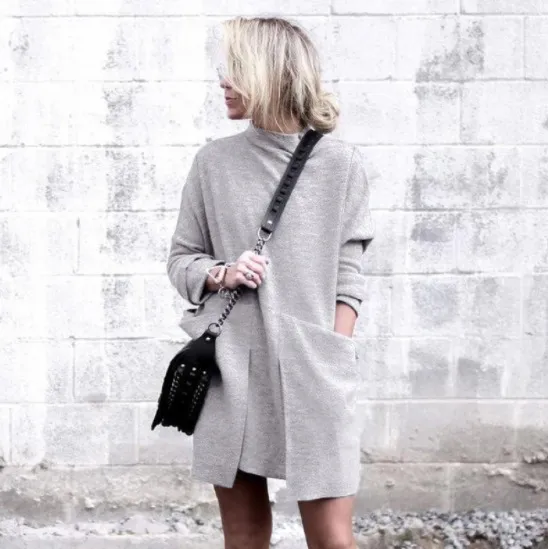 European And American New Autumn And Winter Fashion Round Neck Pocket Long Sleeve Gray - Shop at LoveMi