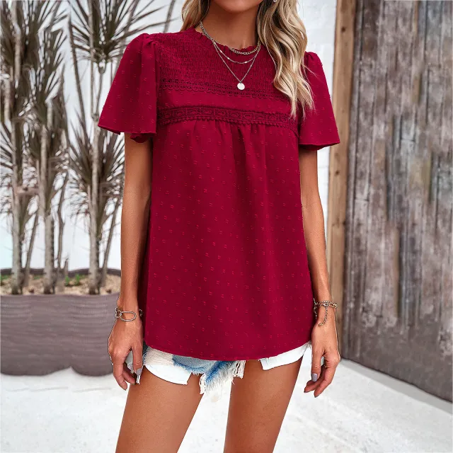 Women's Solid Color Short sleeved Patchwork Top Wine - Shop at LoveMi