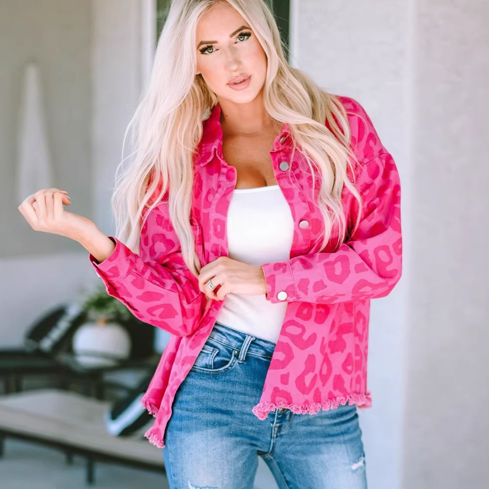 Leopard-Print Denim Fashion Button-Up Jacket For Women