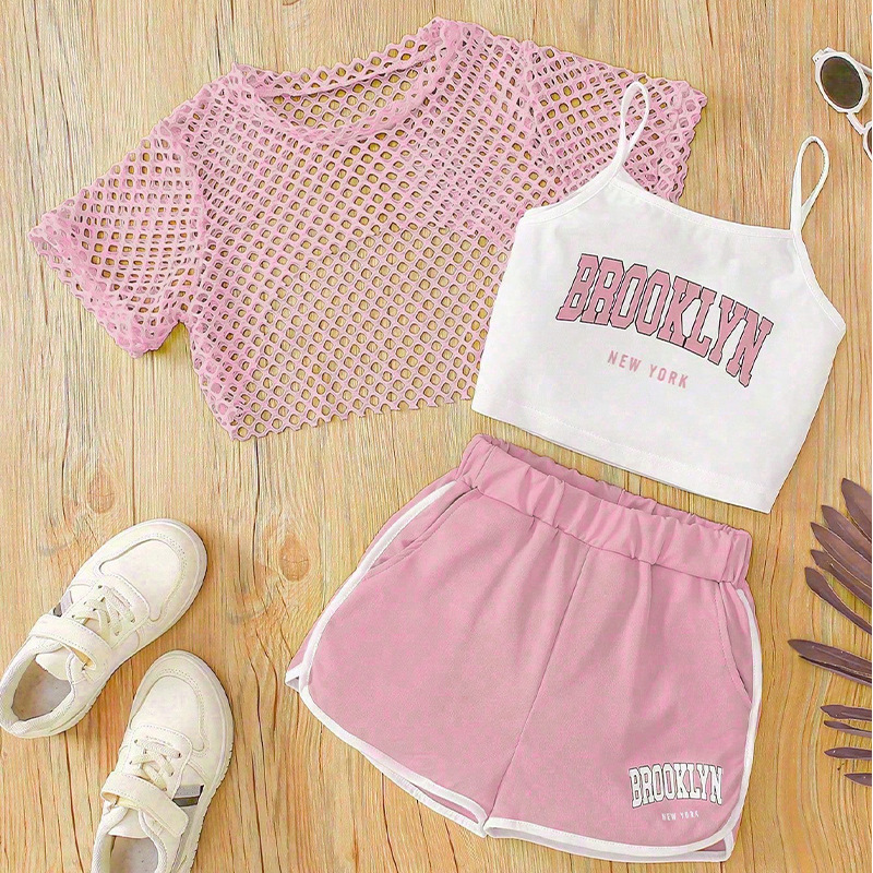 Summer New Mesh Shirt Short-Sleeve Top Pullover Three-Piece Set
