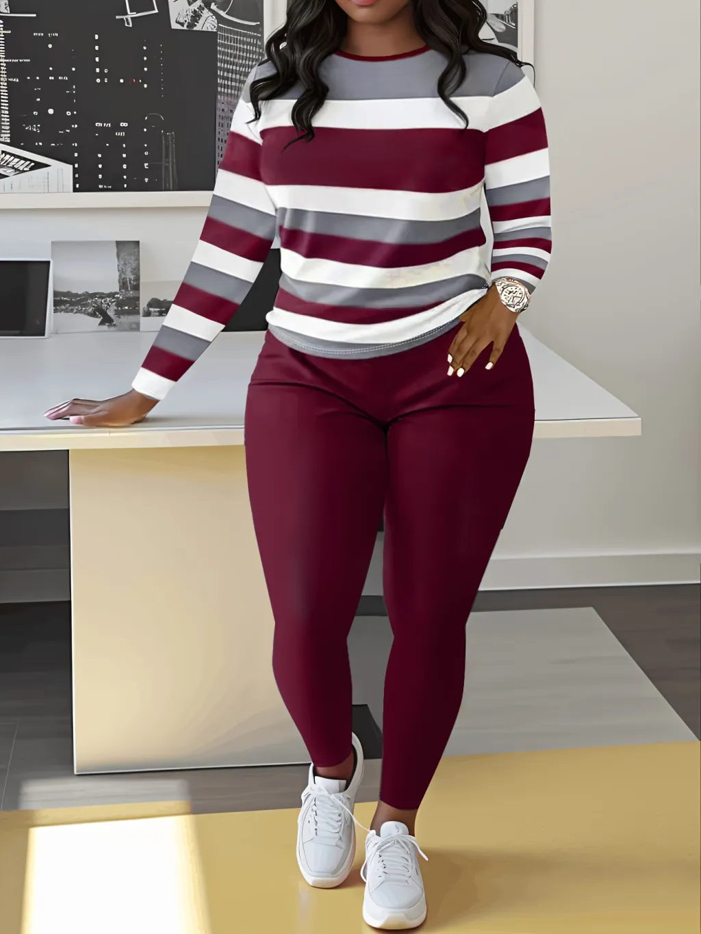 Plus Size Printed Comfortable Casual Set - Wine Red