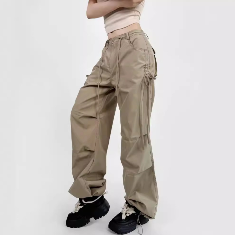 Lace-up Loose-fit Slimming Straight-leg Wide-leg Casual Pants