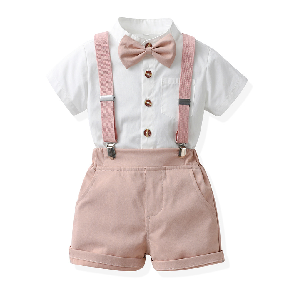 Boys Candy-Colored Stand-Neck Short-Sleeve Suspender Pants Set