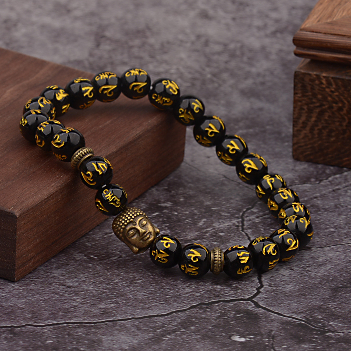 Buddha Head Sanskrit Nationality Religion Stone Bead Elastic String Bracelet