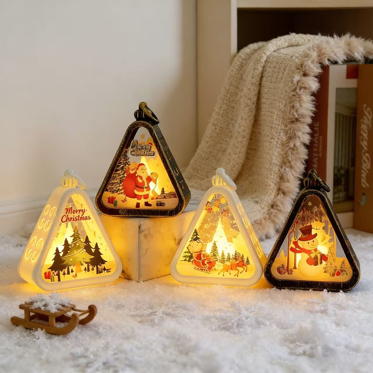 Lampă triunghiulară vintage cu LED-URI pentru lumânări - Lumină de noapte retro pentru decorarea mesei de Crăciun pentru atmosfera casei de vacanță
