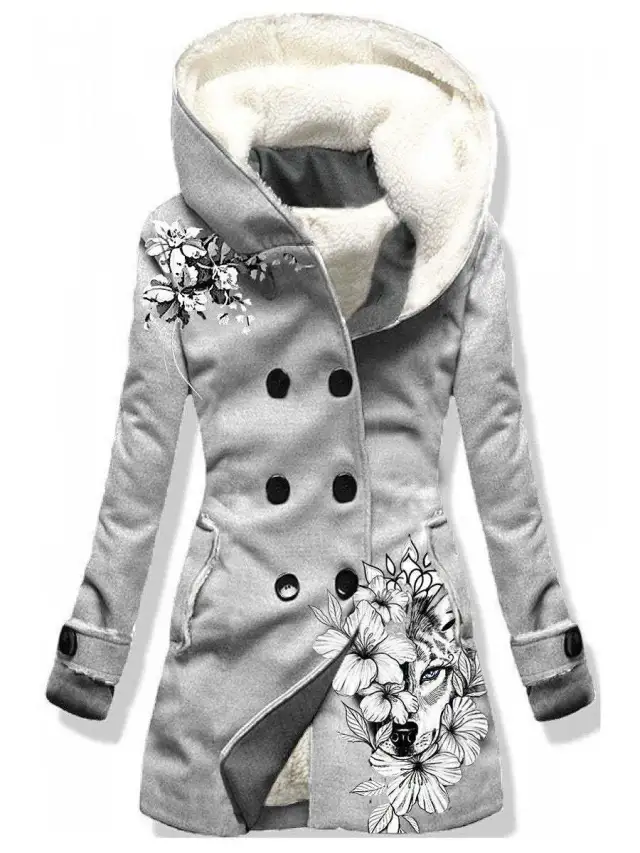Digital Printing Double breasted Fleece lined Hooded Jacket Gray - Shop at LoveMi